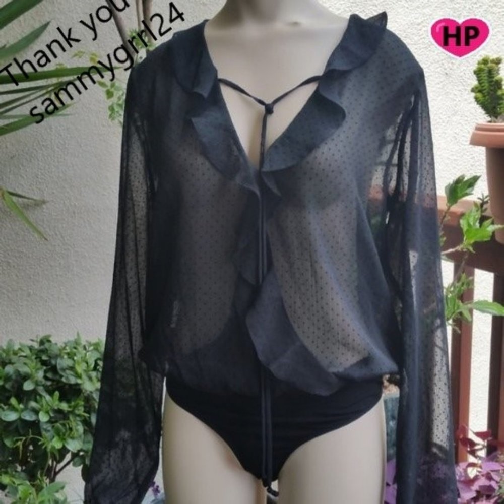 BCBG Sheer📁 dots ruffle Bodysuit top black NWT
